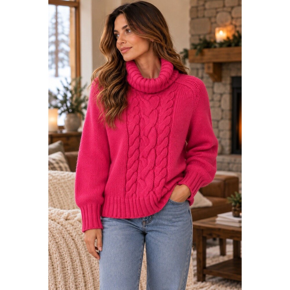 Express L Pink Fuchsia Cable Knit Sweater Merino Wool Angora Cashmere Cowl Neck - Picture 11 of 11